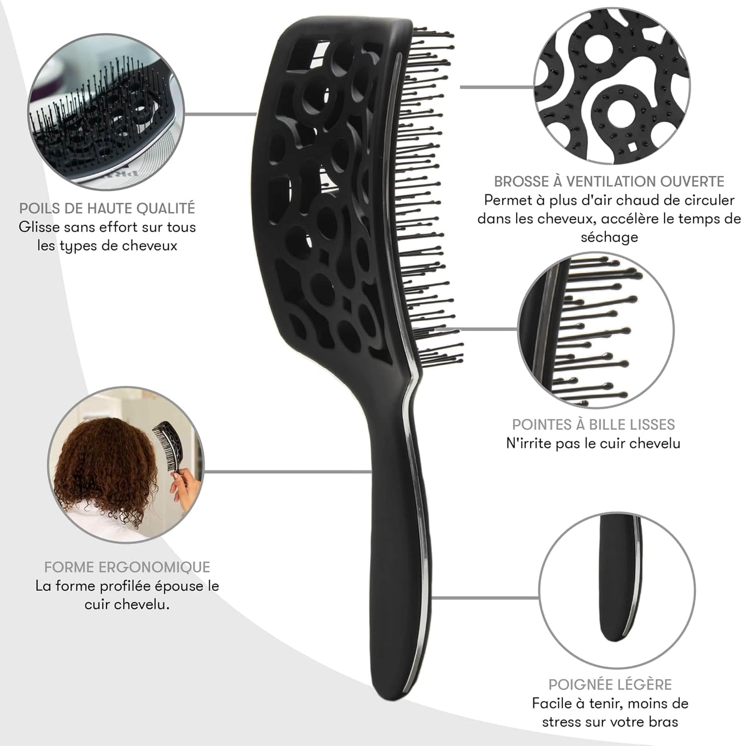 Brosse Démêlante Cheveux Bouclés - Cheveux Bouclés, Démêlante Flexible Ventilée, Hair Brush for Women Brosse Brushing Professionnelle, Noir
